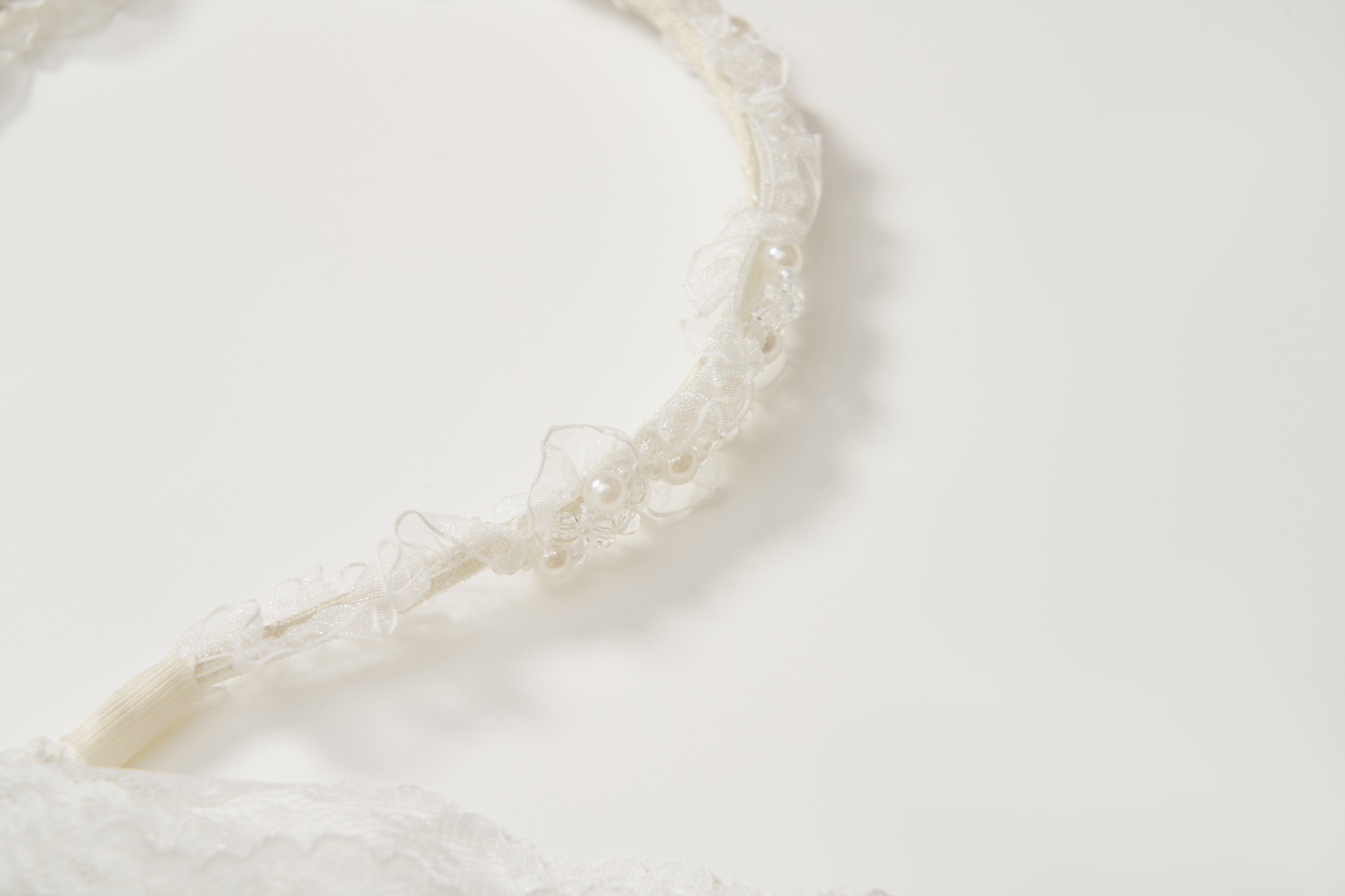 The KIKI and JOJO Girls Pearl Lace Ribbon Headband is featured in a close-up on a plain white background, showcasing its handcrafted design—an ideal accessory for flower girls.