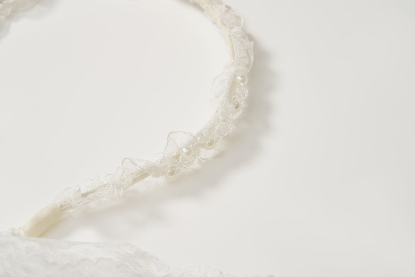The KIKI and JOJO Girls Pearl Lace Ribbon Headband is featured in a close-up on a plain white background, showcasing its handcrafted design—an ideal accessory for flower girls.