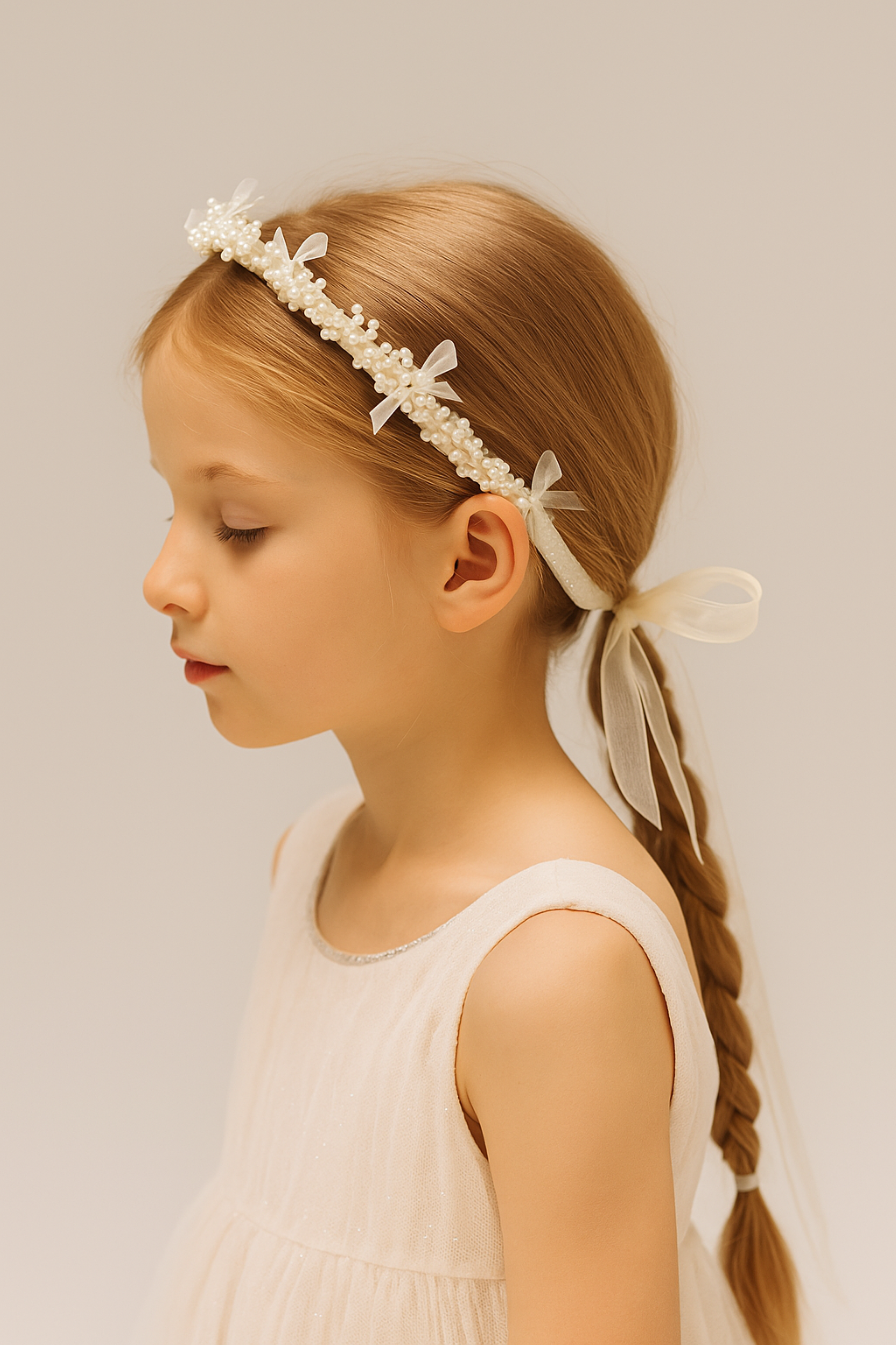 A young girl in a light sleeveless dress wears the KIKI and JOJO Girls Pearl Bow Crown Headband, featuring organza bows and pearls, her long hair braided and shown in profile against a plain background.