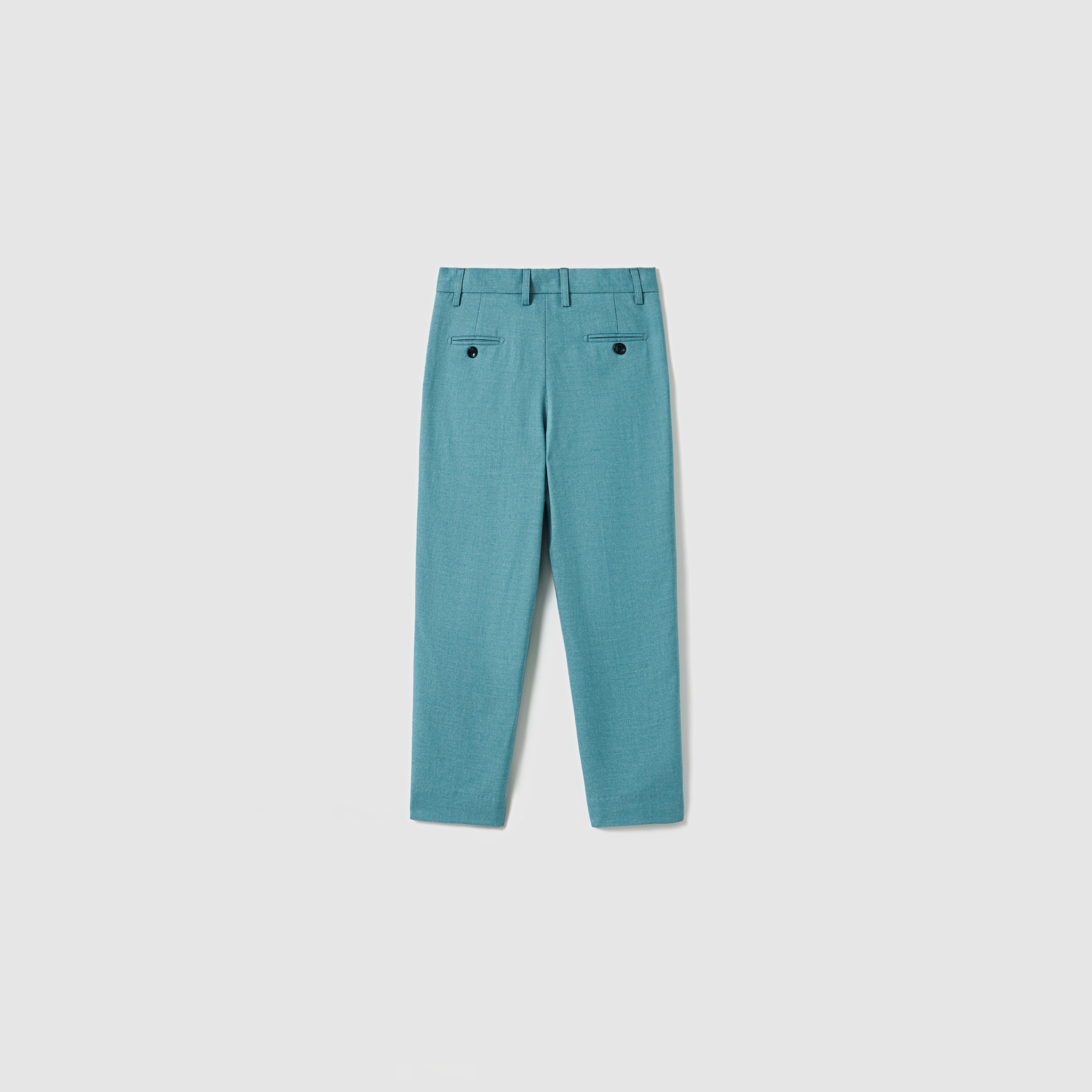 Celeste Whimsy Suit Pants by KIKI and JOJO shown flat from the back, with an adjustable waistband, two back pockets with black buttons, and belt loops at the waist.