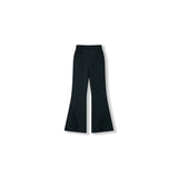 The Echo Whisper Dress Pants by KIKI and JOJO are black, high-waisted with a flared leg, made from stretchy fabric. They feature an elastic waistband and two front pockets and are shown on a white background.