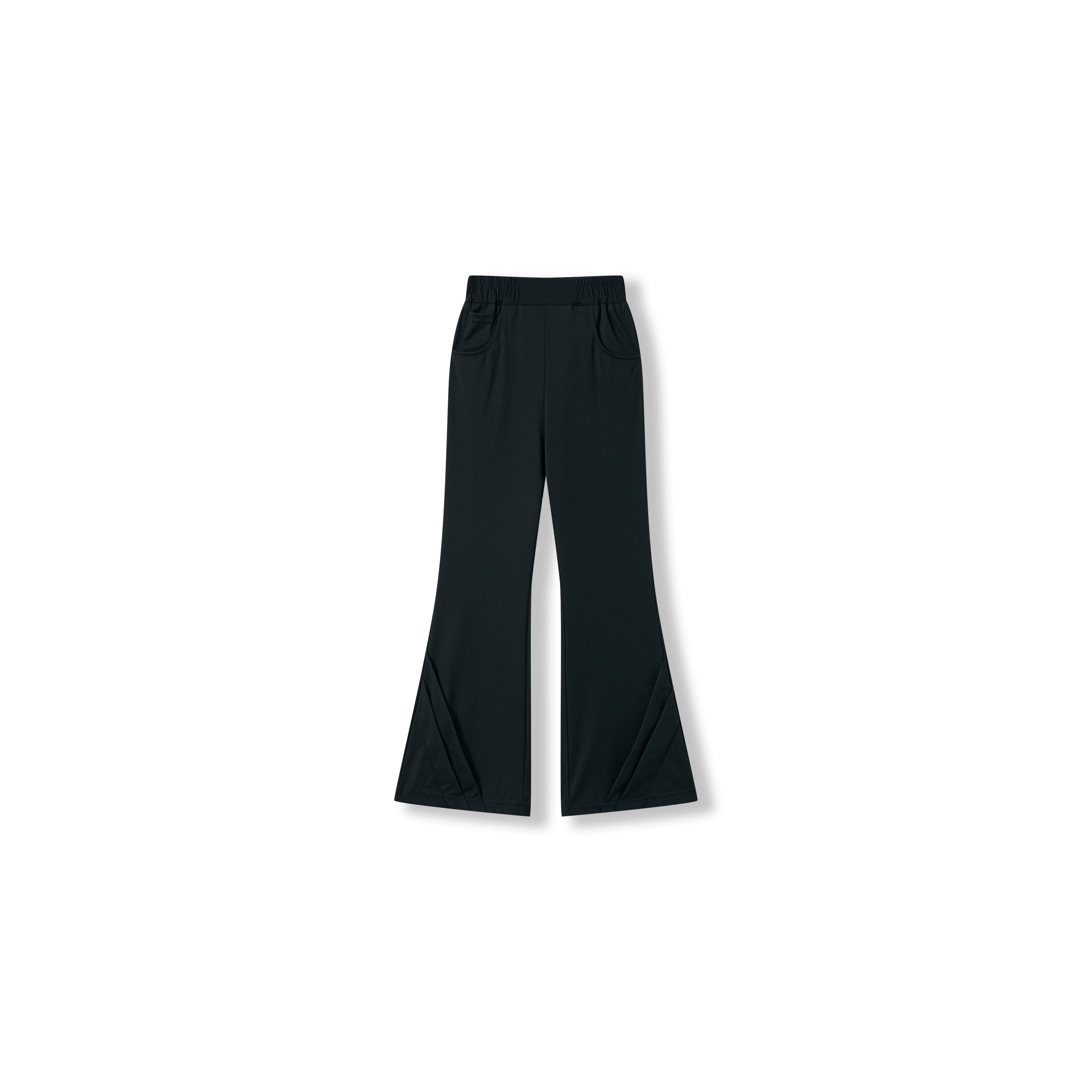 The Echo Whisper Dress Pants by KIKI and JOJO are black, high-waisted with a flared leg, made from stretchy fabric. They feature an elastic waistband and two front pockets and are shown on a white background.