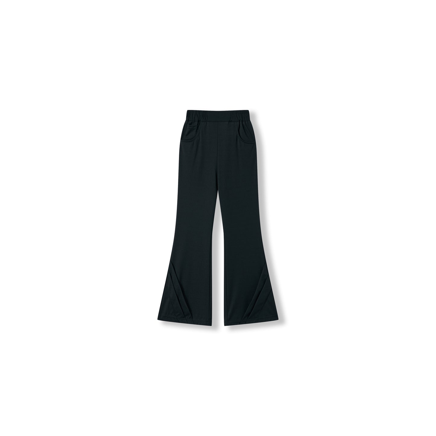 The Echo Whisper Dress Pants by KIKI and JOJO are black, high-waisted with a flared leg, made from stretchy fabric. They feature an elastic waistband and two front pockets and are shown on a white background.