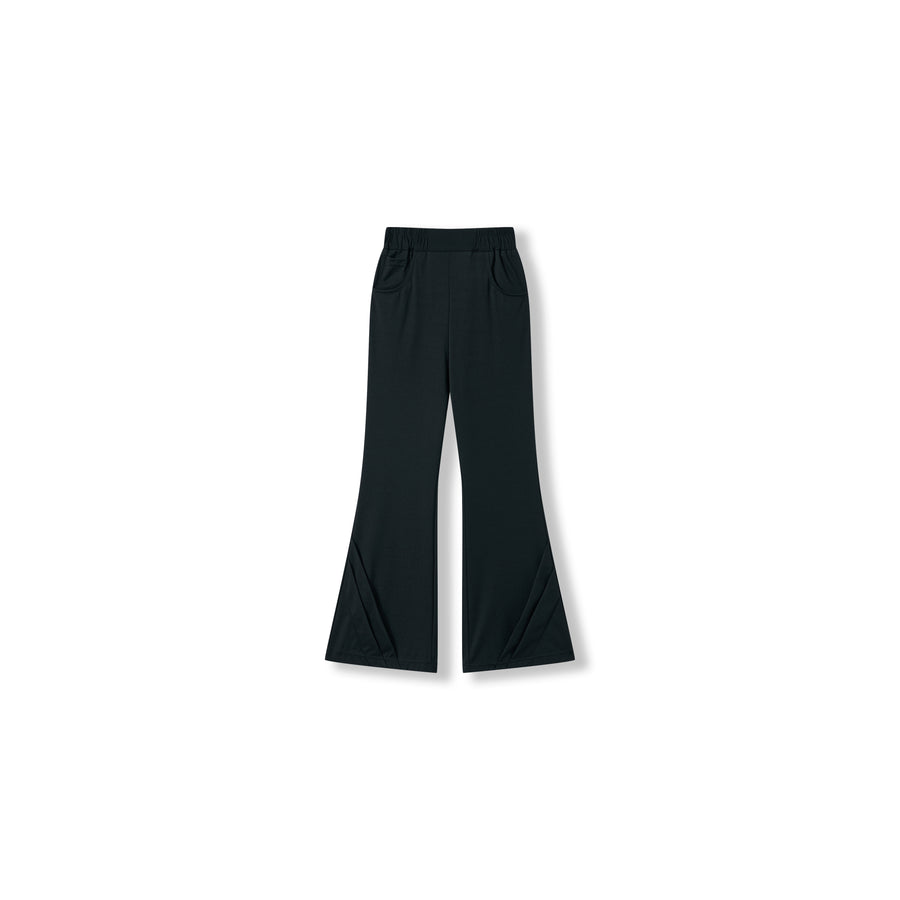 The Echo Whisper Dress Pants by KIKI and JOJO are black, high-waisted with a flared leg, made from stretchy fabric. They feature an elastic waistband and two front pockets and are shown on a white background.