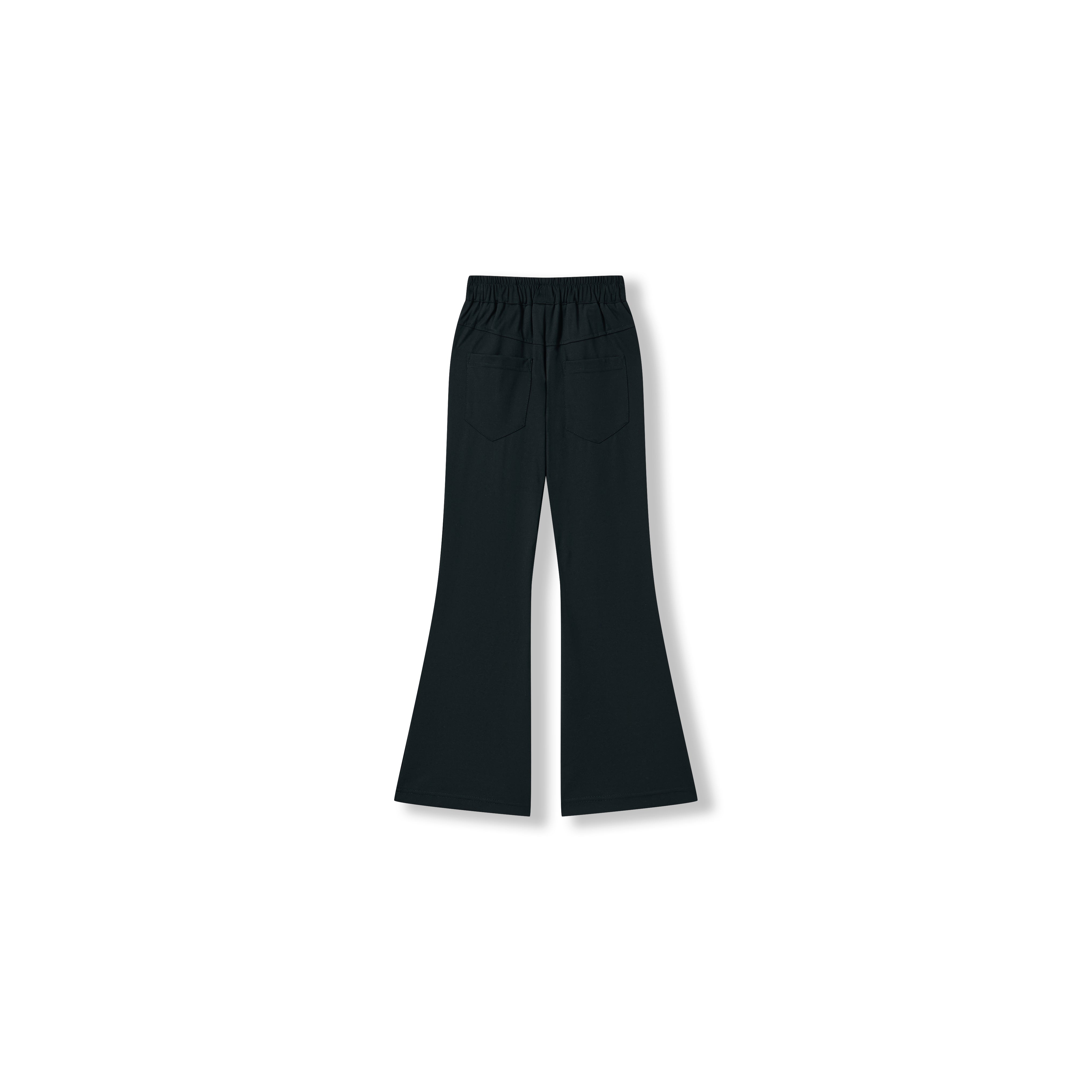 The Echo Whisper Dress Pants by KIKI and JOJO are black, high-waisted, wide-leg pants made from stretchy fabric with an elastic waistband and two back pockets, shown on a white background.