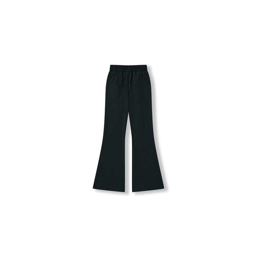 The Echo Whisper Dress Pants by KIKI and JOJO are black, high-waisted, wide-leg pants made from stretchy fabric with an elastic waistband and two back pockets, shown on a white background.