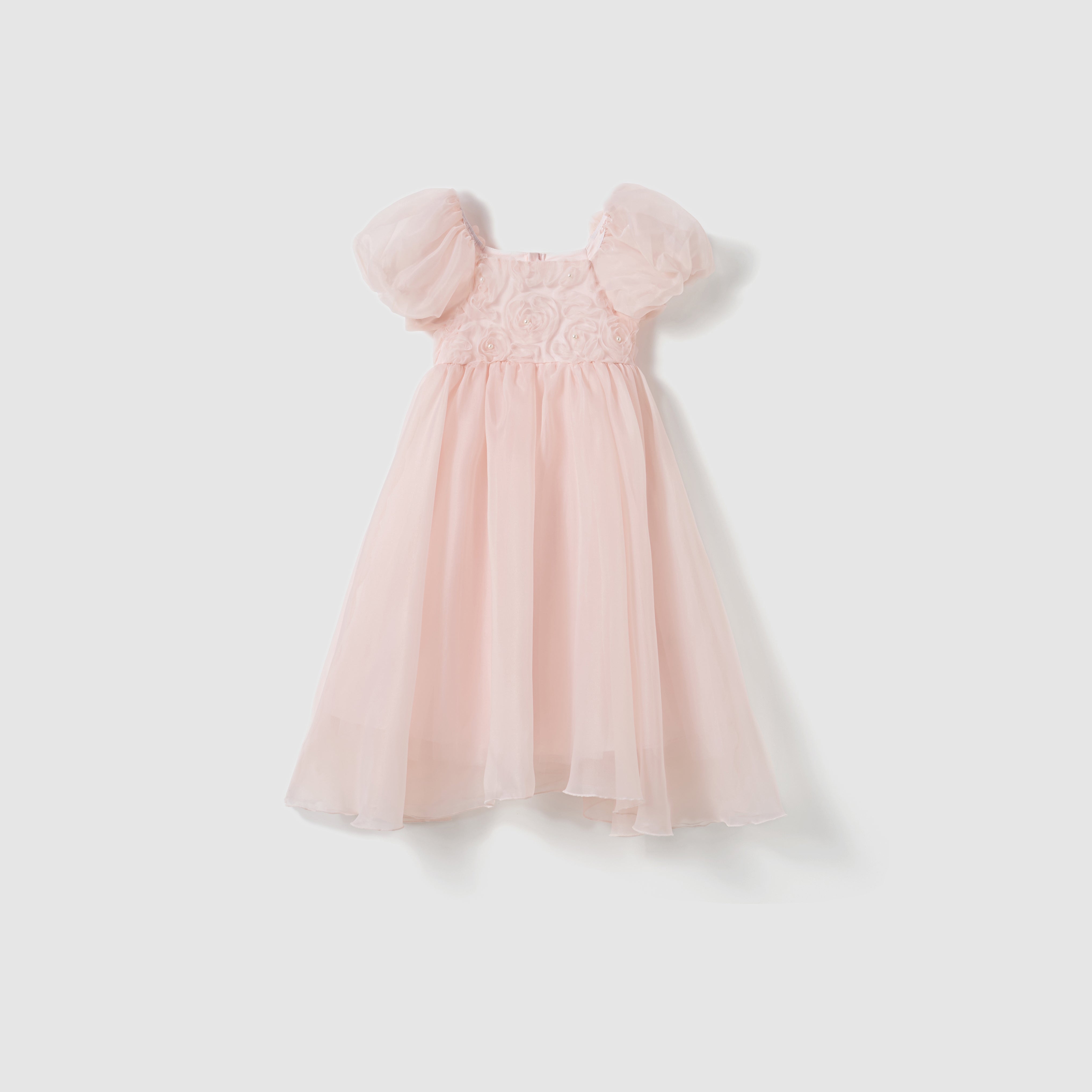 The Blush Whisper Dress by KIKI and JOJO is a light pink, princess-style dress for girls with puff sleeves and a floral embroidered bodice with 3D appliqués, shown on a plain white background.