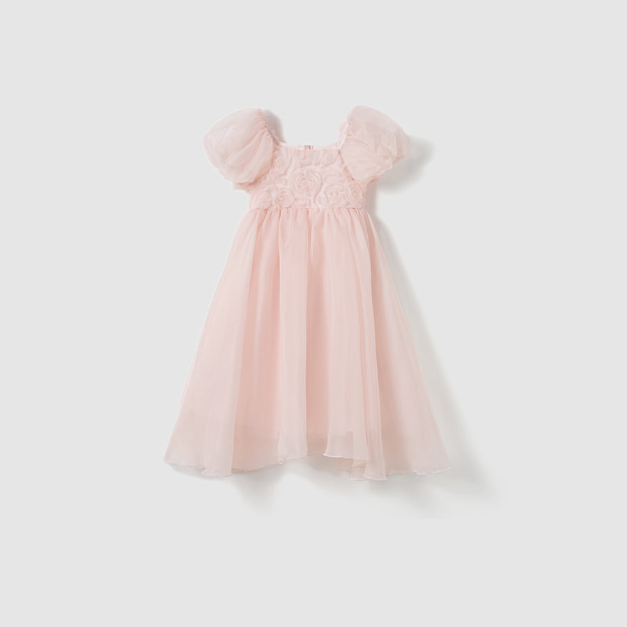 light pink bow dress Girls Blush Pink Dress - Puff Sleeves