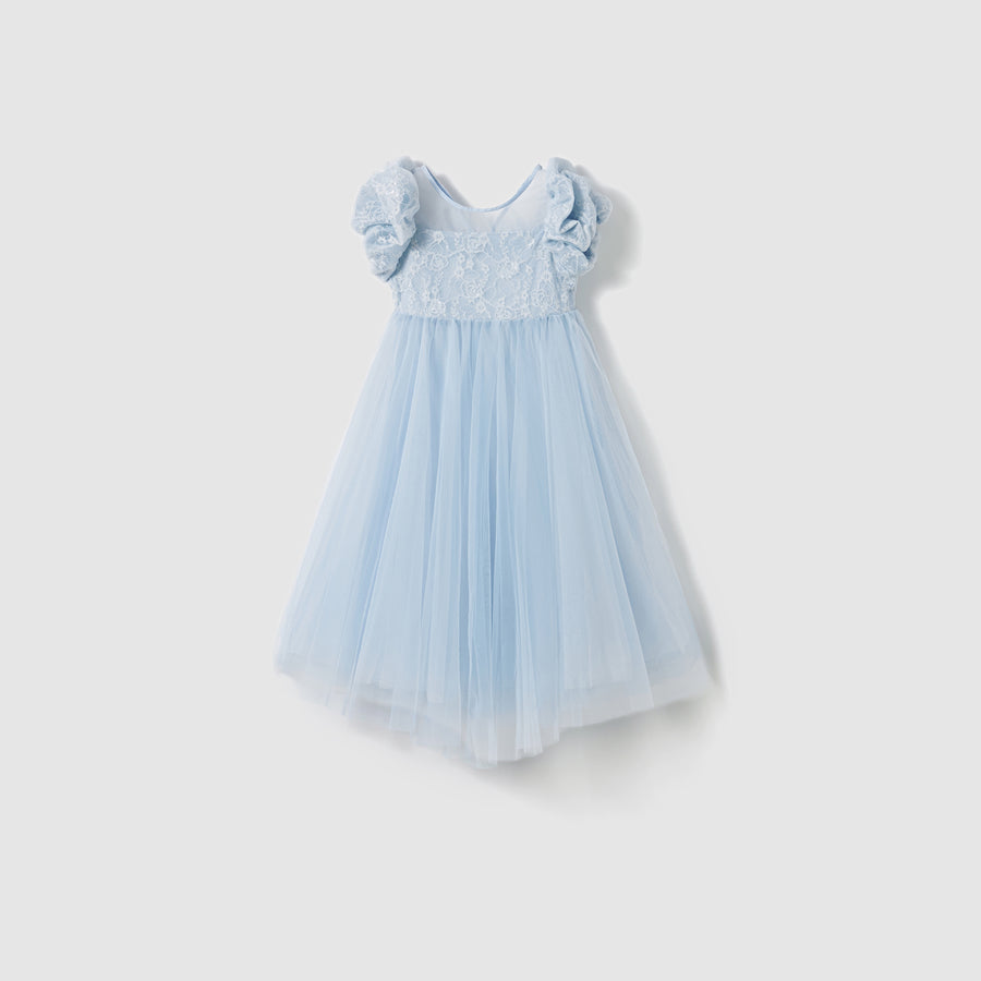 The KIKI and JOJO Sky Whisper Dress for girls features a lace bodice, ruffled short sleeves, and tulle skirt in light blue organza, shown on a plain white background.