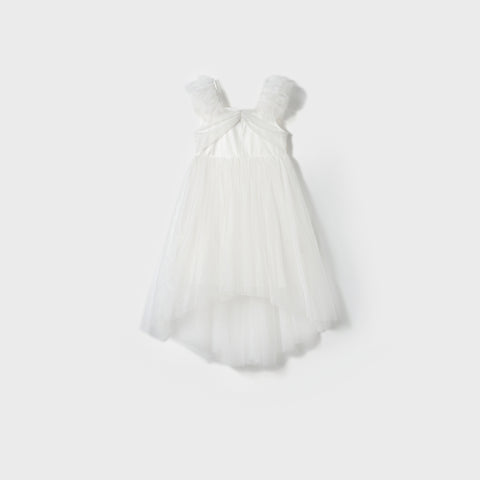 The Cloud Whisper Dress by KIKI and JOJO is a white sleeveless flowy dress with ruffled shoulder straps and a layered tulle skirt, shown against a plain light gray background.