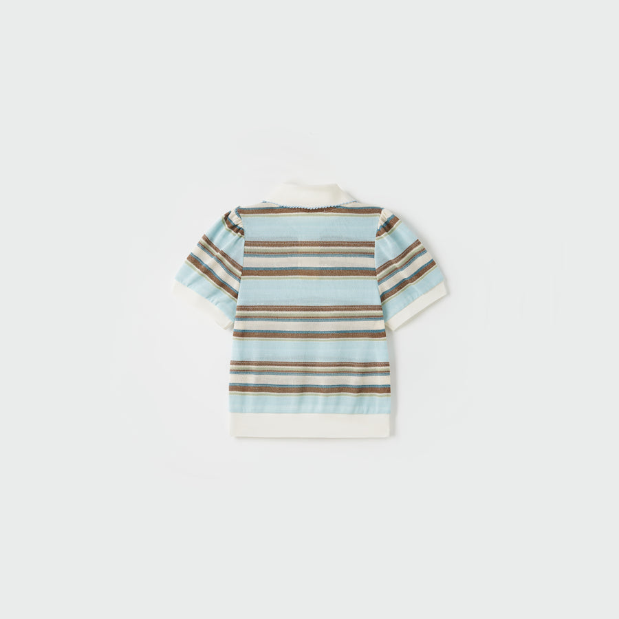 Sky Blue Meadow Stripe Knit Polo Top
