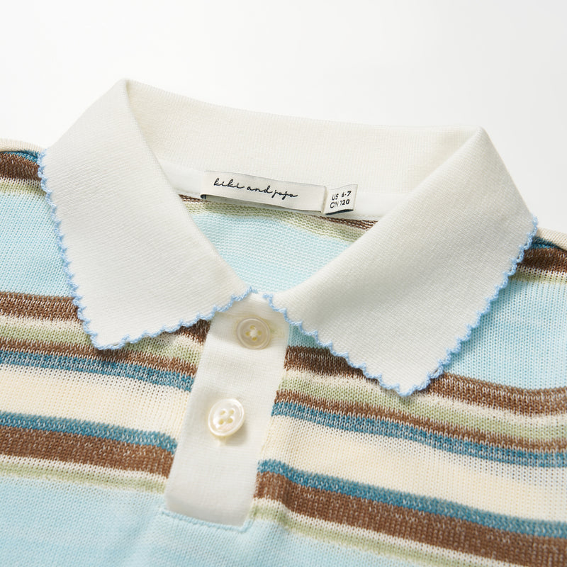 Sky Blue Meadow Stripe Knit Polo Top