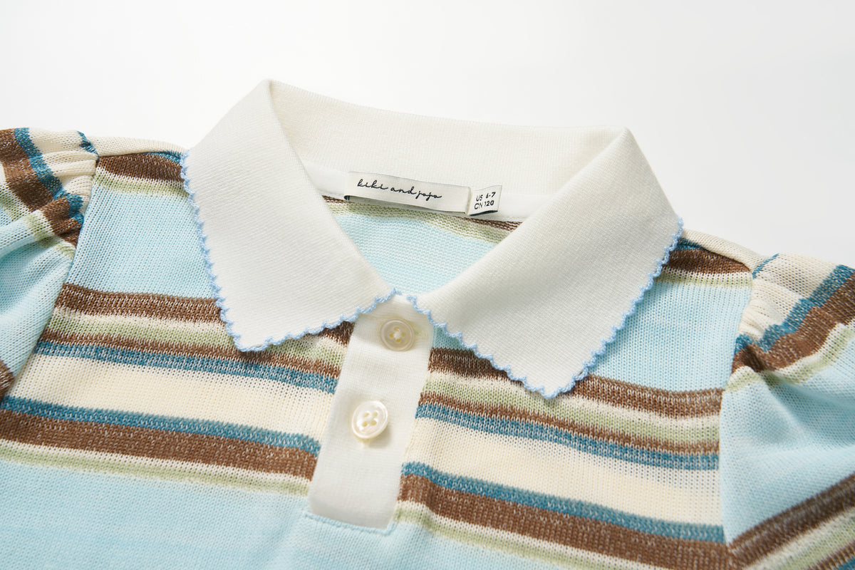 Sky Blue Meadow Stripe Knit Polo Top