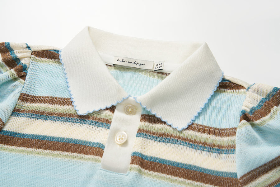 Sky Blue Meadow Stripe Knit Polo Top