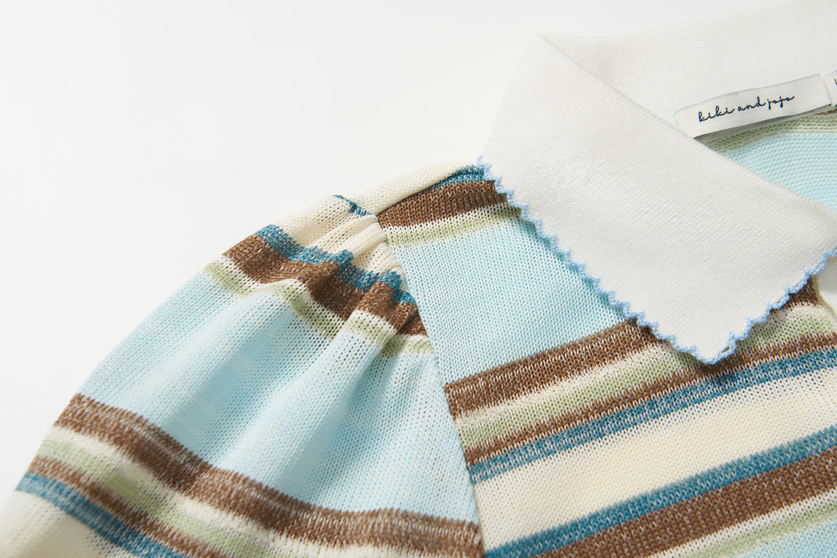Sky Blue Meadow Stripe Knit Polo Top