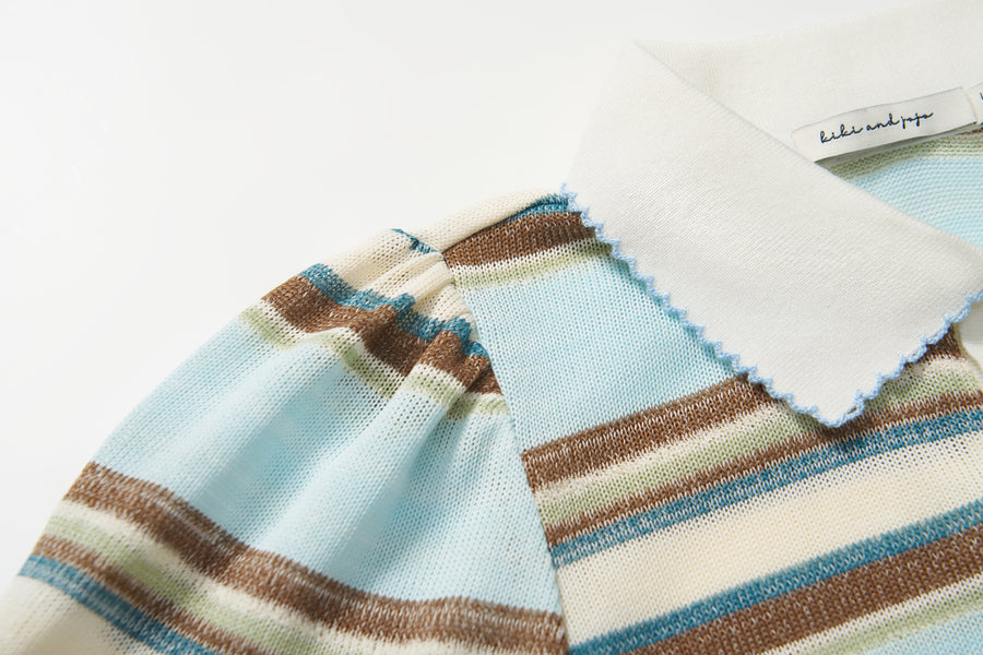 Sky Blue Meadow Stripe Knit Polo Top