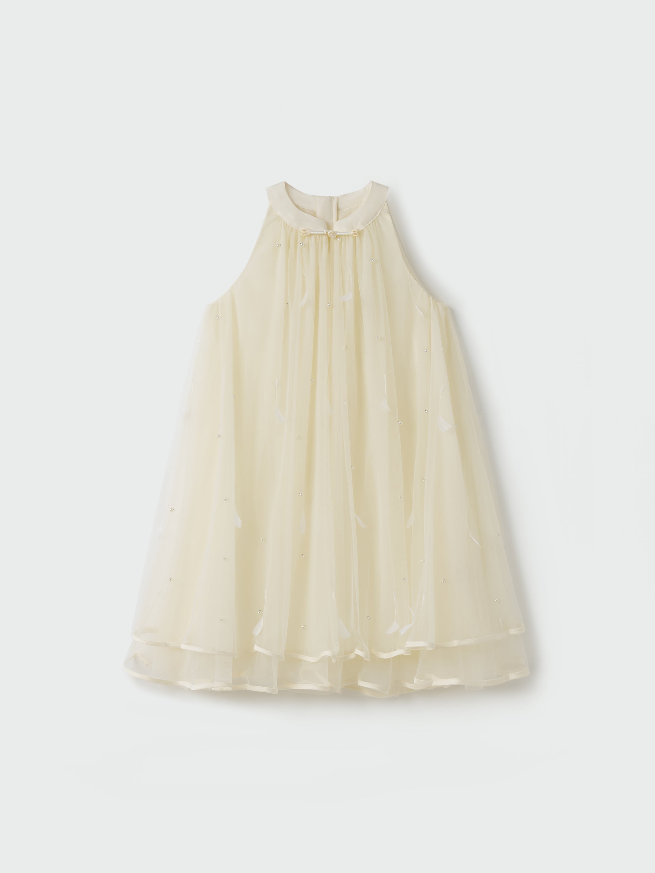 Champagne Lemon Feather Pearl Tulle Dress