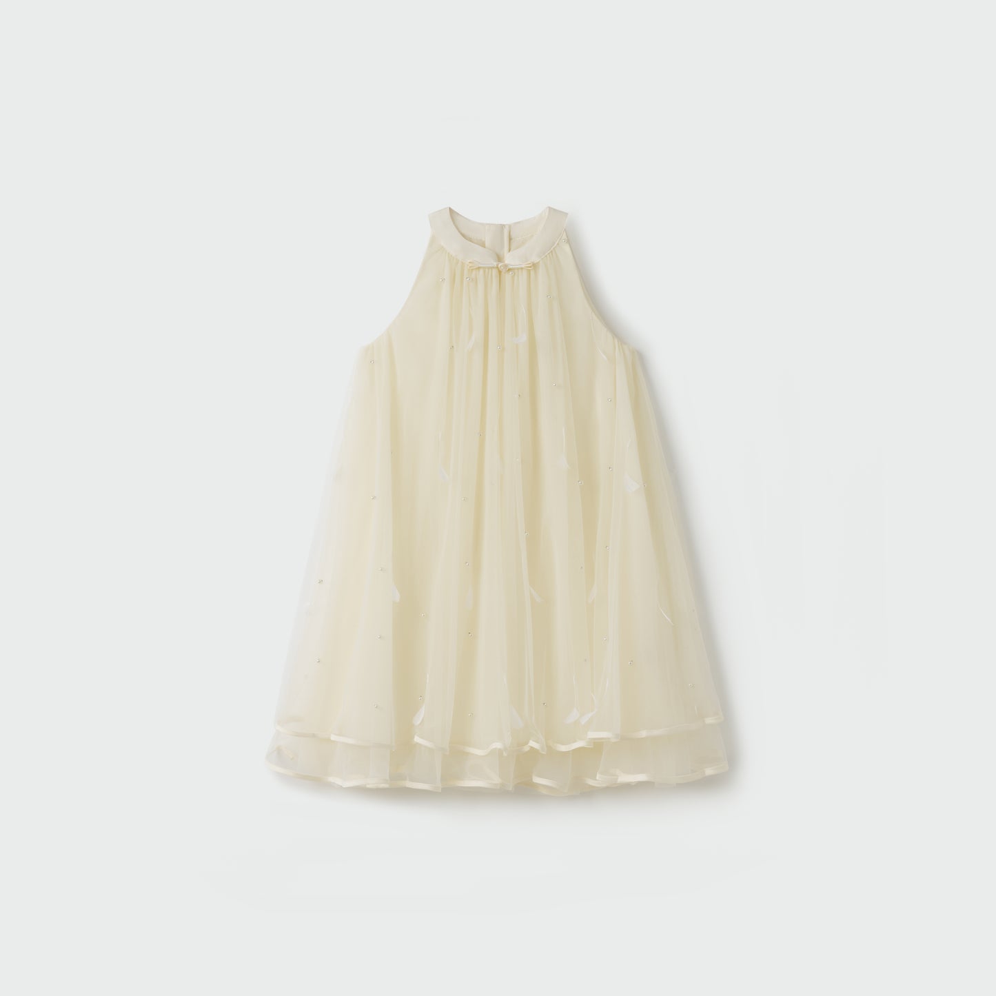 Champagne Lemon Feather Pearl Tulle Dress