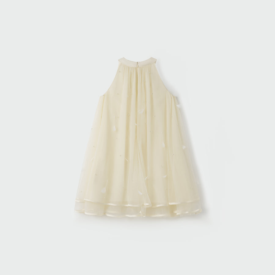 Champagne Lemon Feather Pearl Tulle Dress