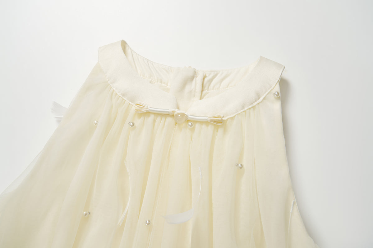 Champagne Lemon Feather Pearl Tulle Dress
