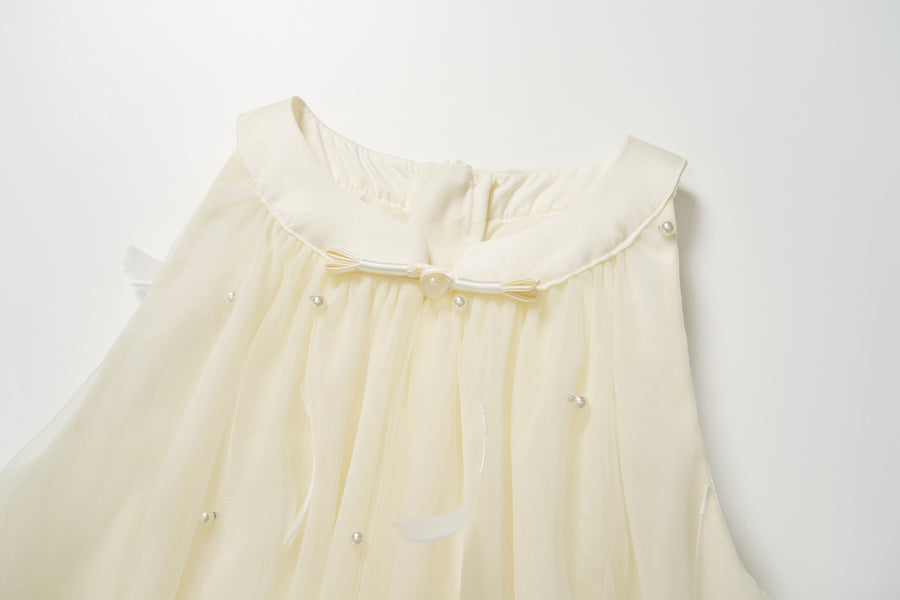 Champagne Lemon Feather Pearl Tulle Dress