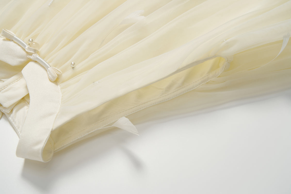 Champagne Lemon Feather Pearl Tulle Dress