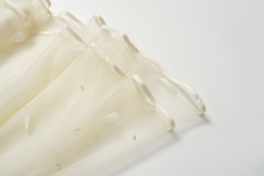 Champagne Lemon Feather Pearl Tulle Dress