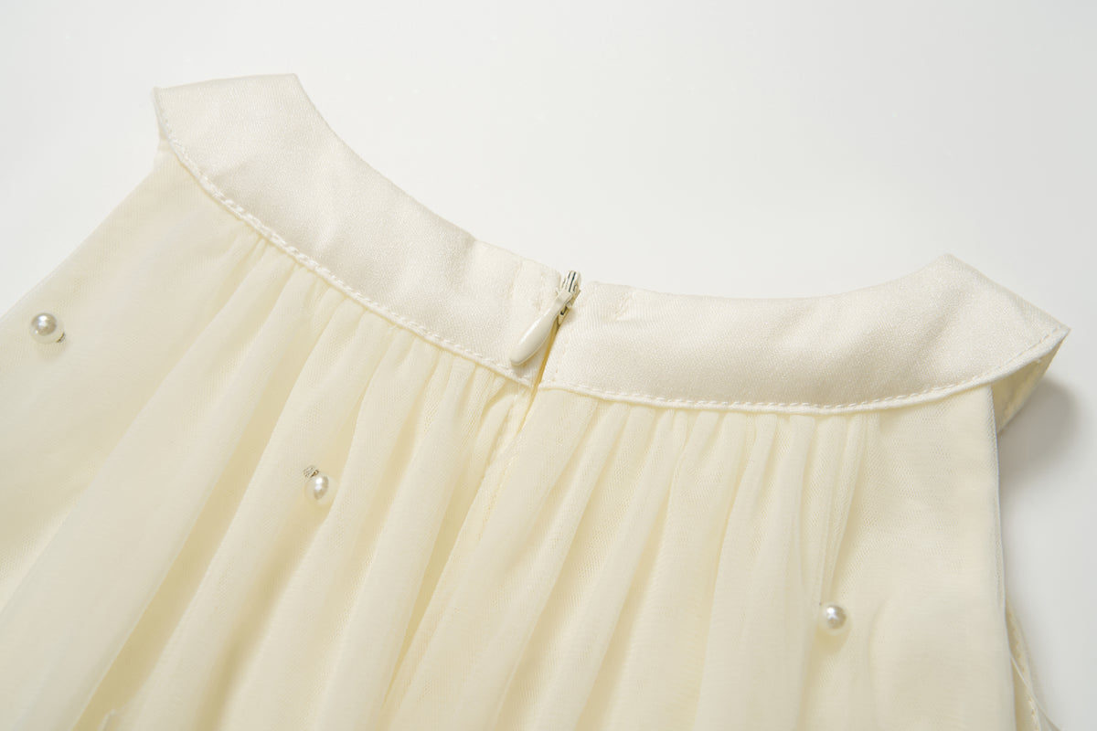Champagne Lemon Feather Pearl Tulle Dress