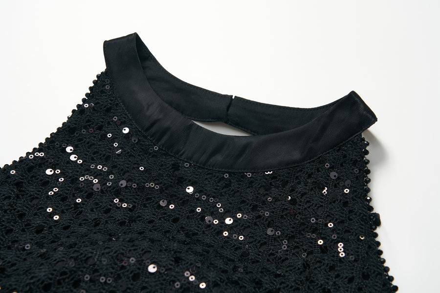 Midnight Sequin Knit Lace Tulle Dress