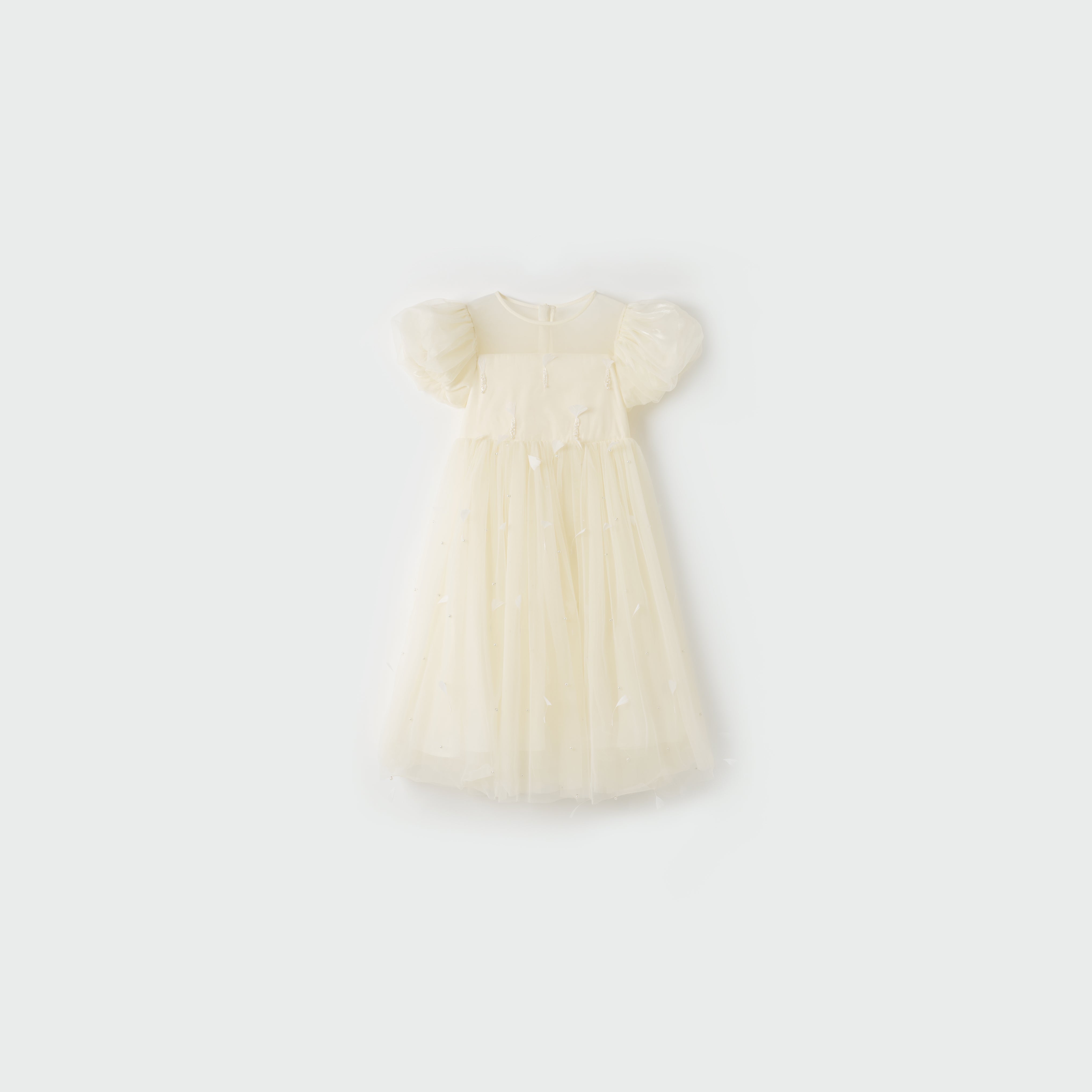 Mooncream Feather Pearl Tulle Dress