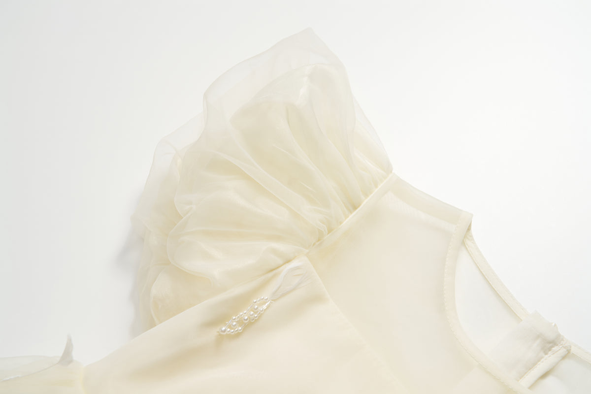 Mooncream Feather Pearl Tulle Dress