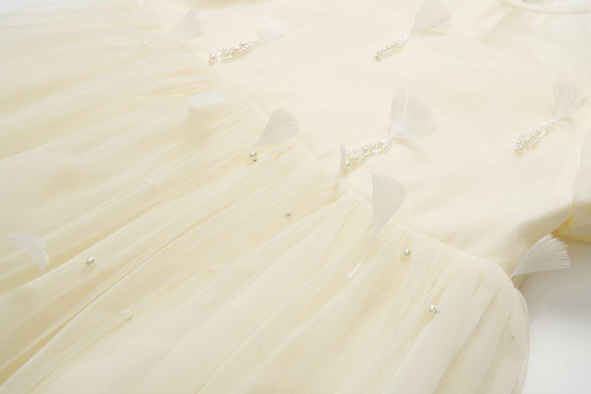Mooncream Feather Pearl Tulle Dress