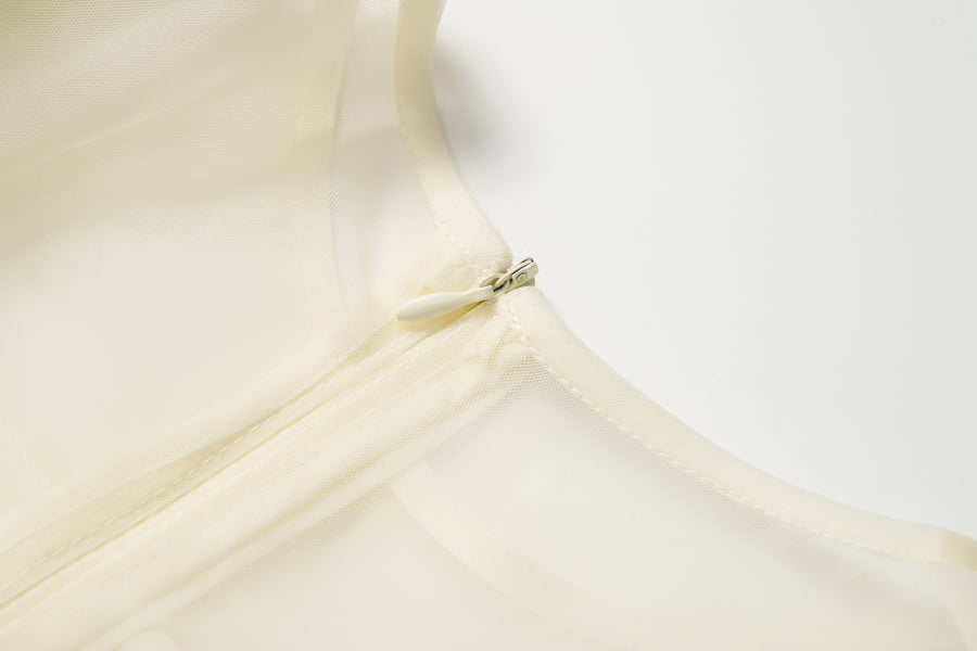 Mooncream Feather Pearl Tulle Dress