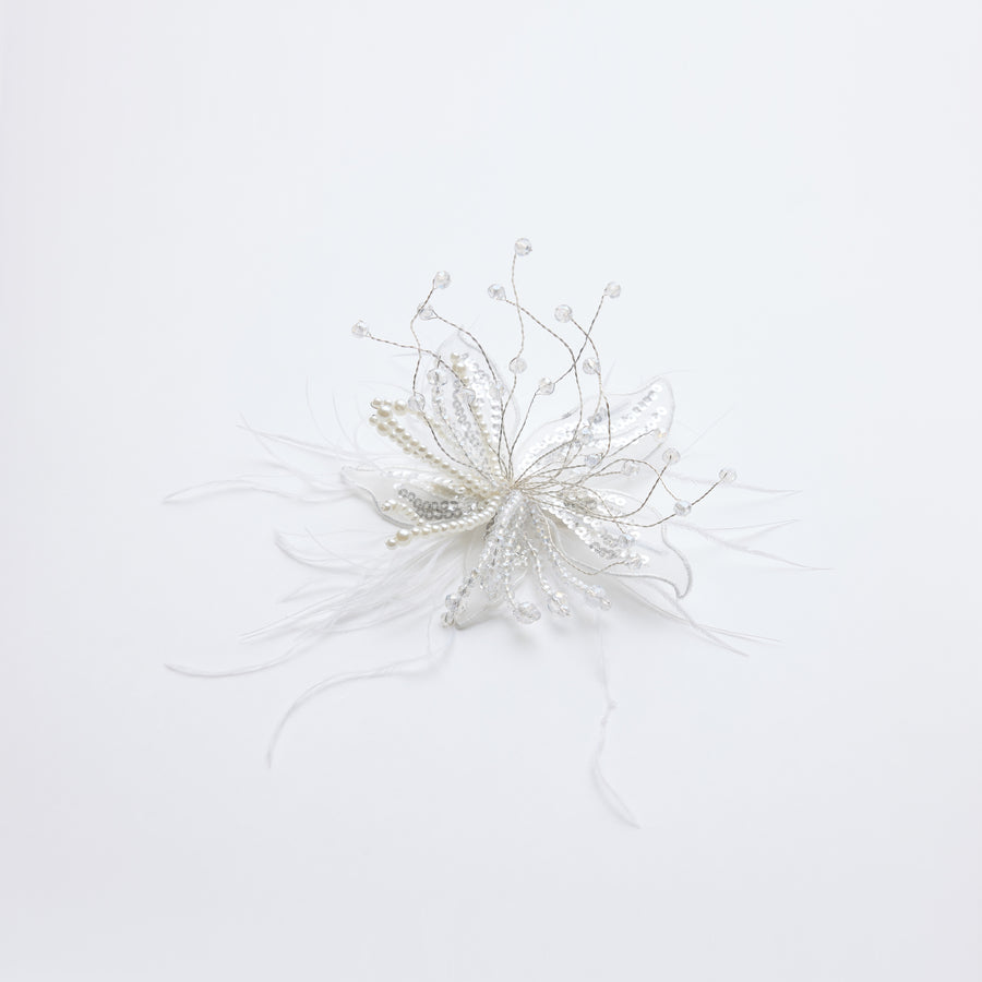 Ivory Hand-Beaded Lily Feather Hair Clip