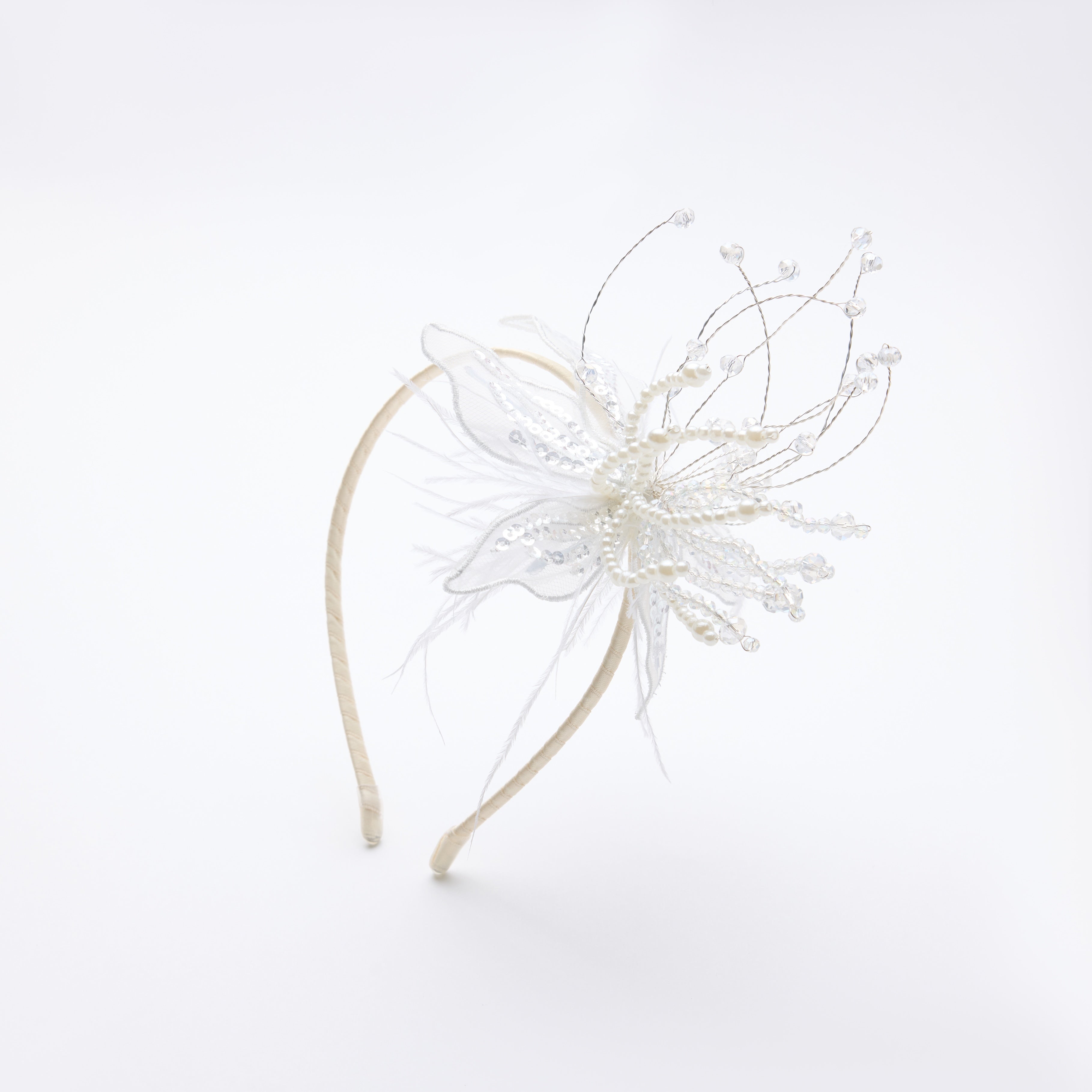 Ivory Hand-Beaded Lily Feather Headband