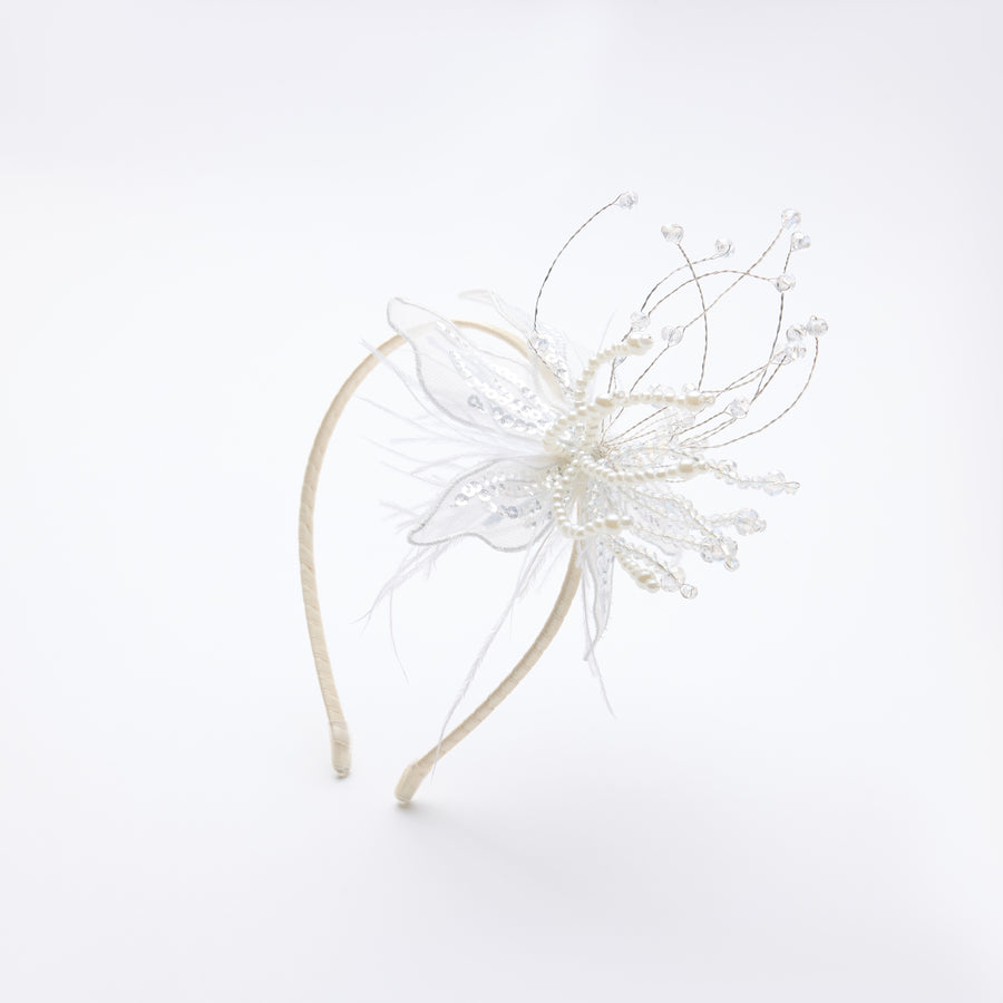 Ivory Hand-Beaded Lily Feather Headband