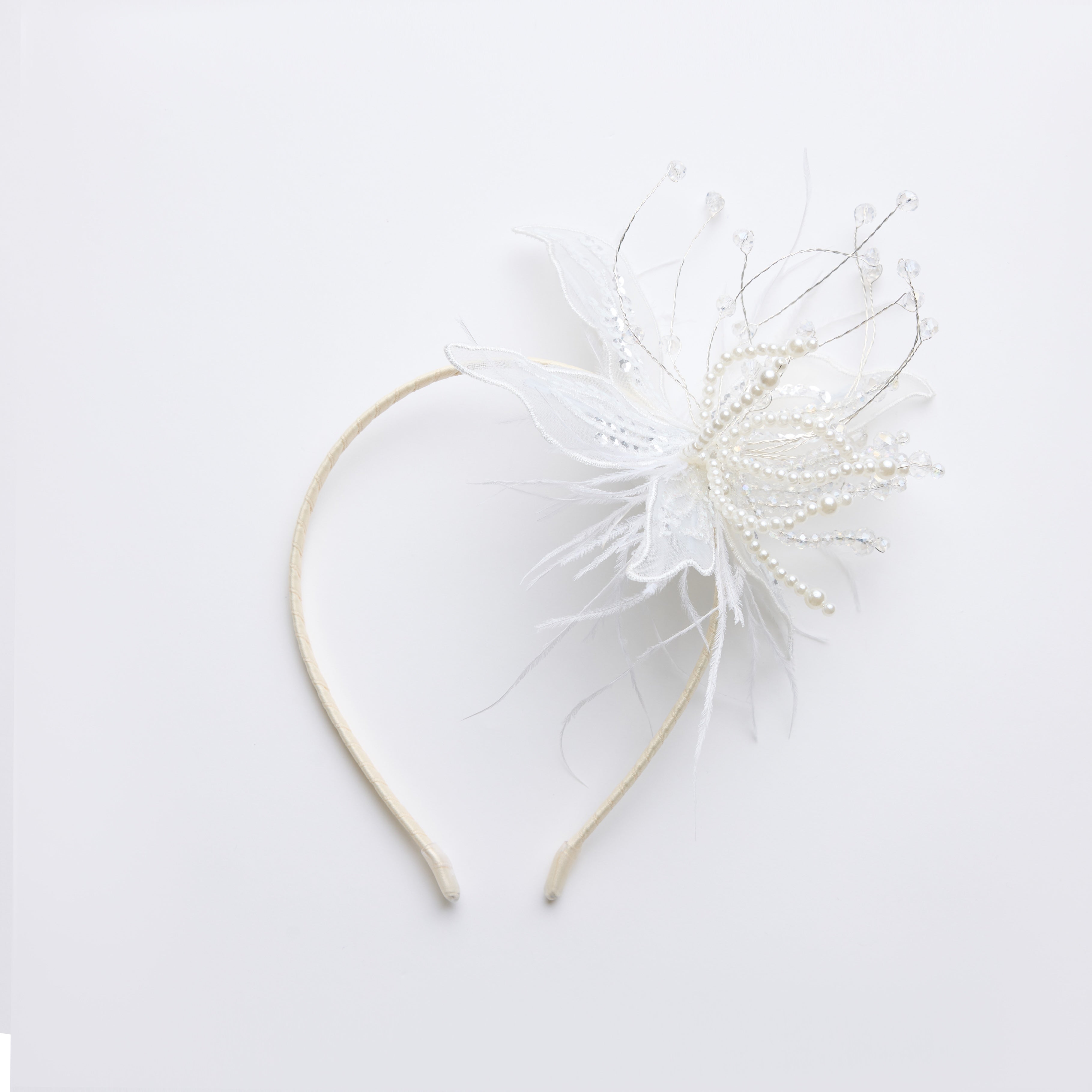 Ivory Hand-Beaded Lily Feather Headband
