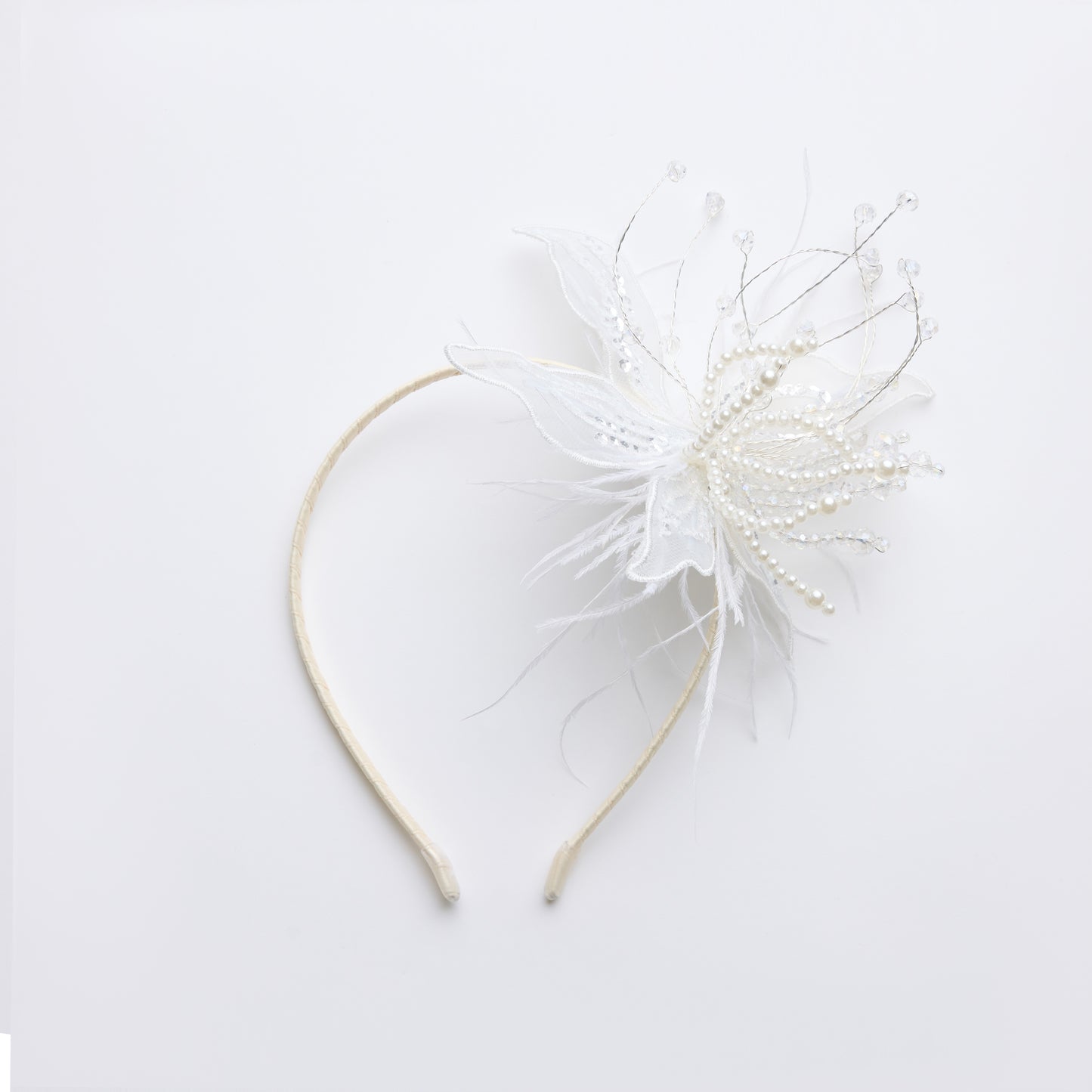 Ivory Hand-Beaded Lily Feather Headband