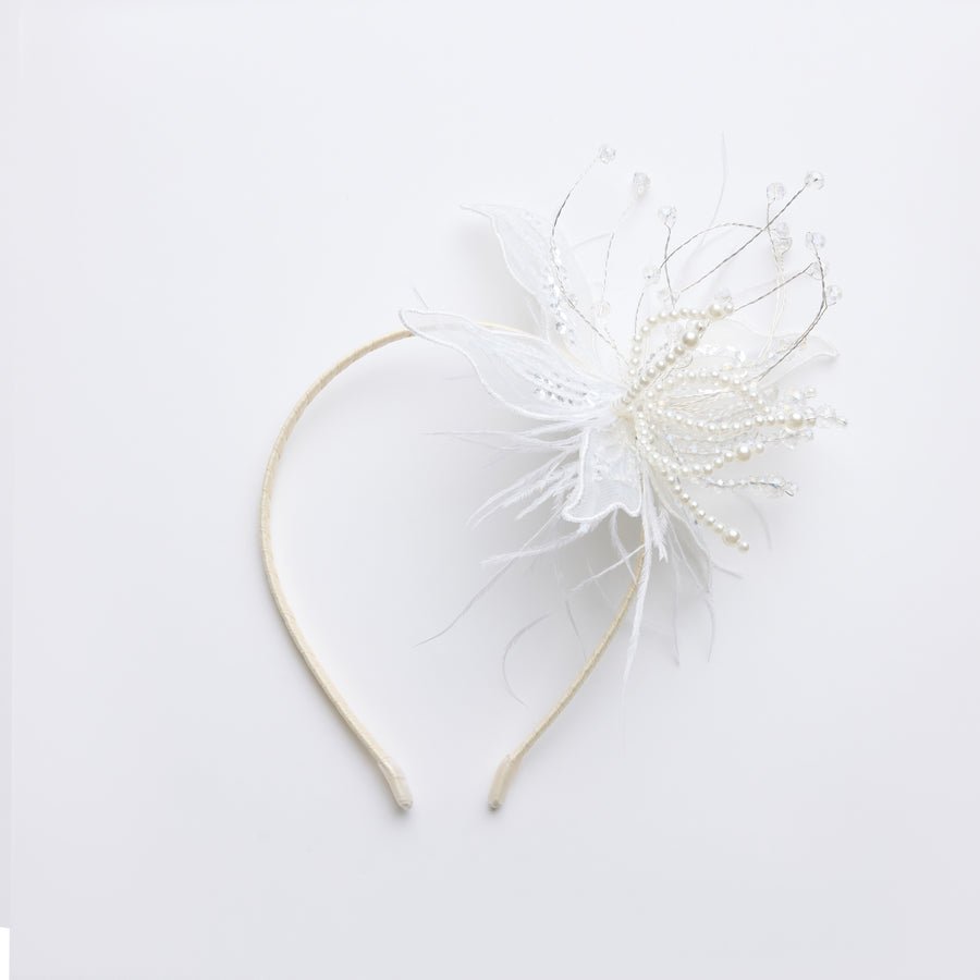 Ivory Hand-Beaded Lily Feather Headband