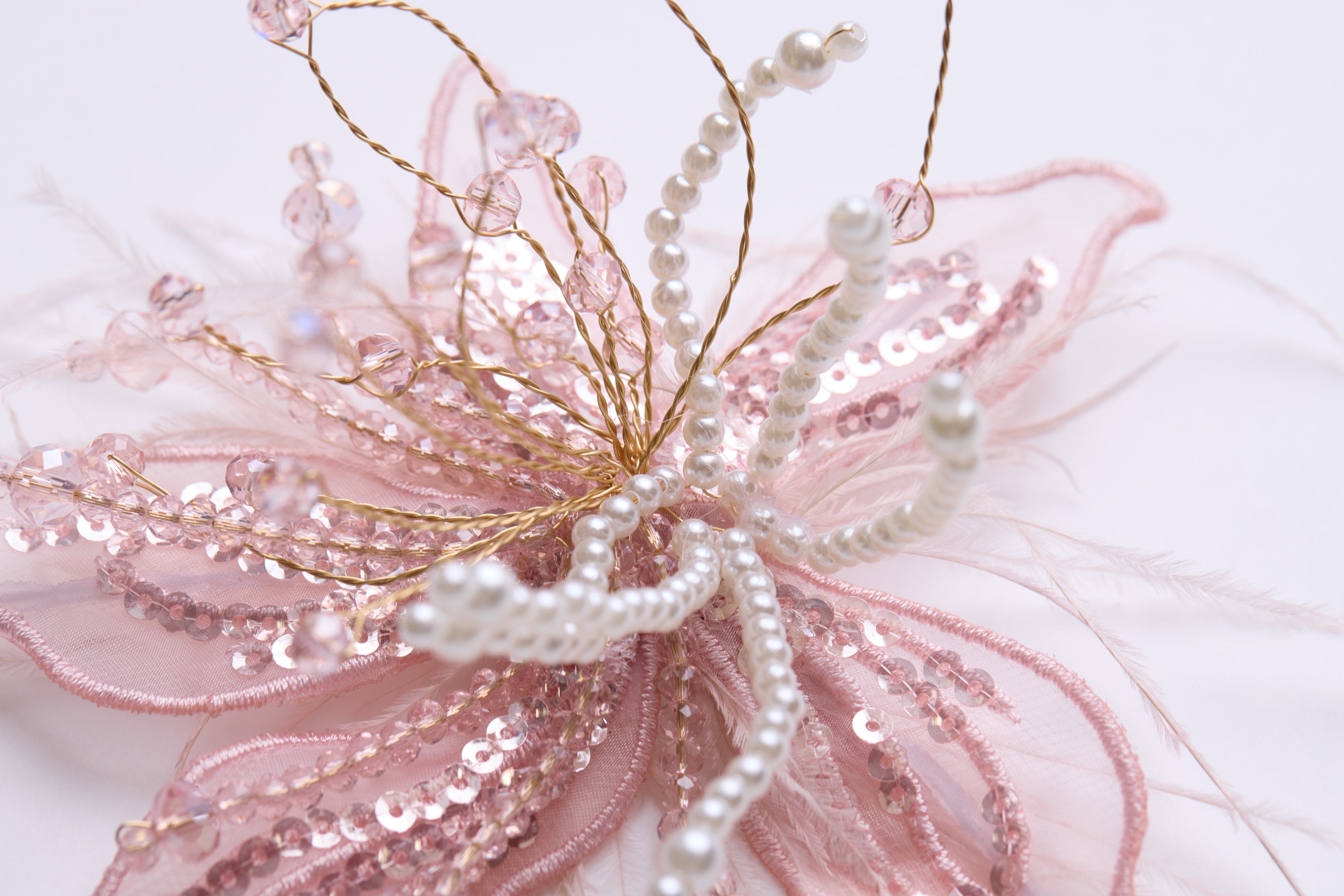 Blush Hand-Beaded Lily Feather Hair Clip