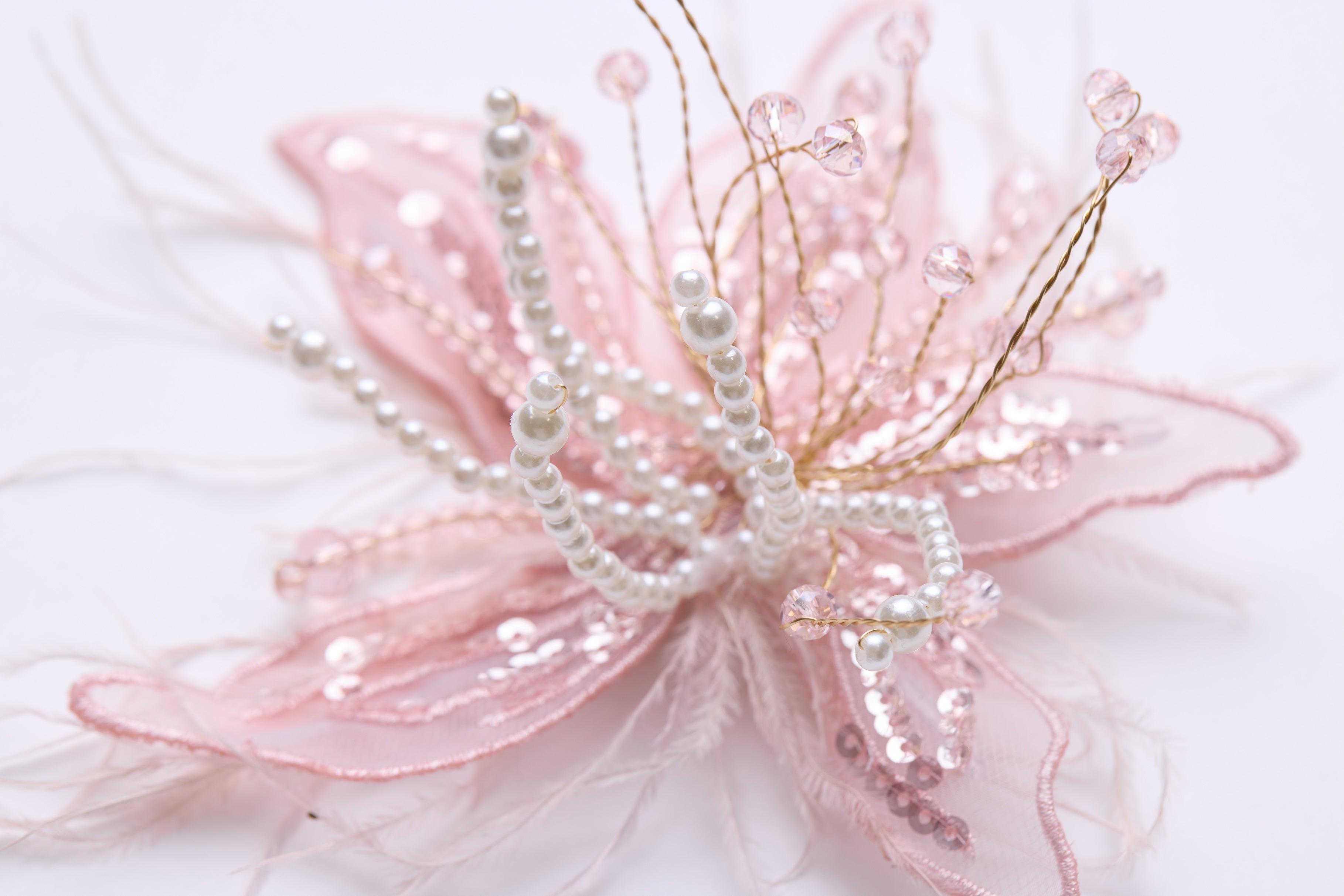 Blush Hand-Beaded Lily Feather Hair Clip