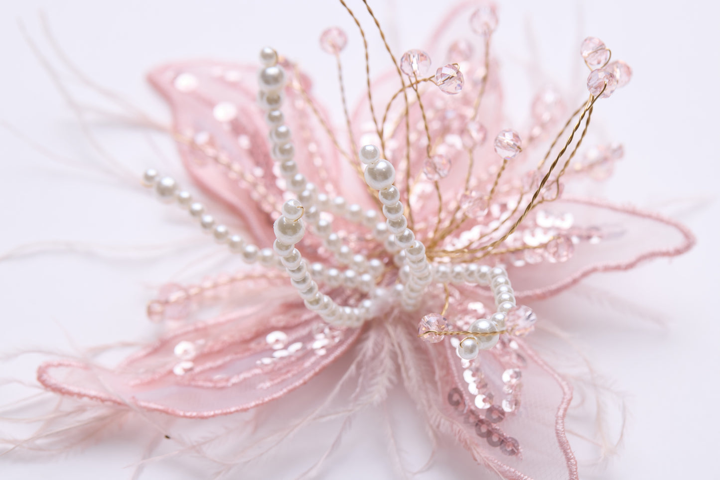 Blush Hand-Beaded Lily Feather Hair Clip