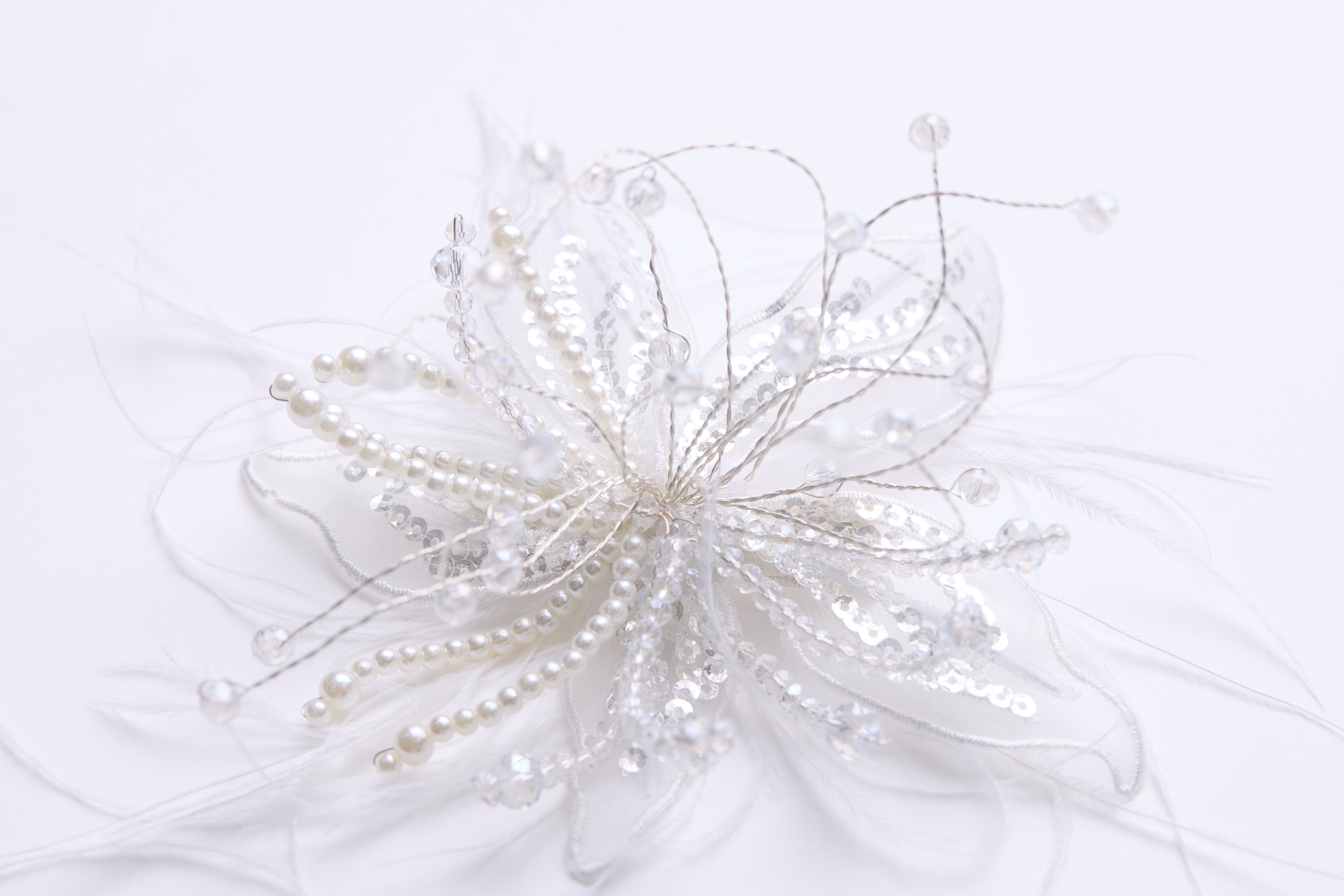 Ivory Hand-Beaded Lily Feather Hair Clip