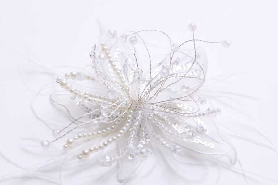 Ivory Hand-Beaded Lily Feather Hair Clip
