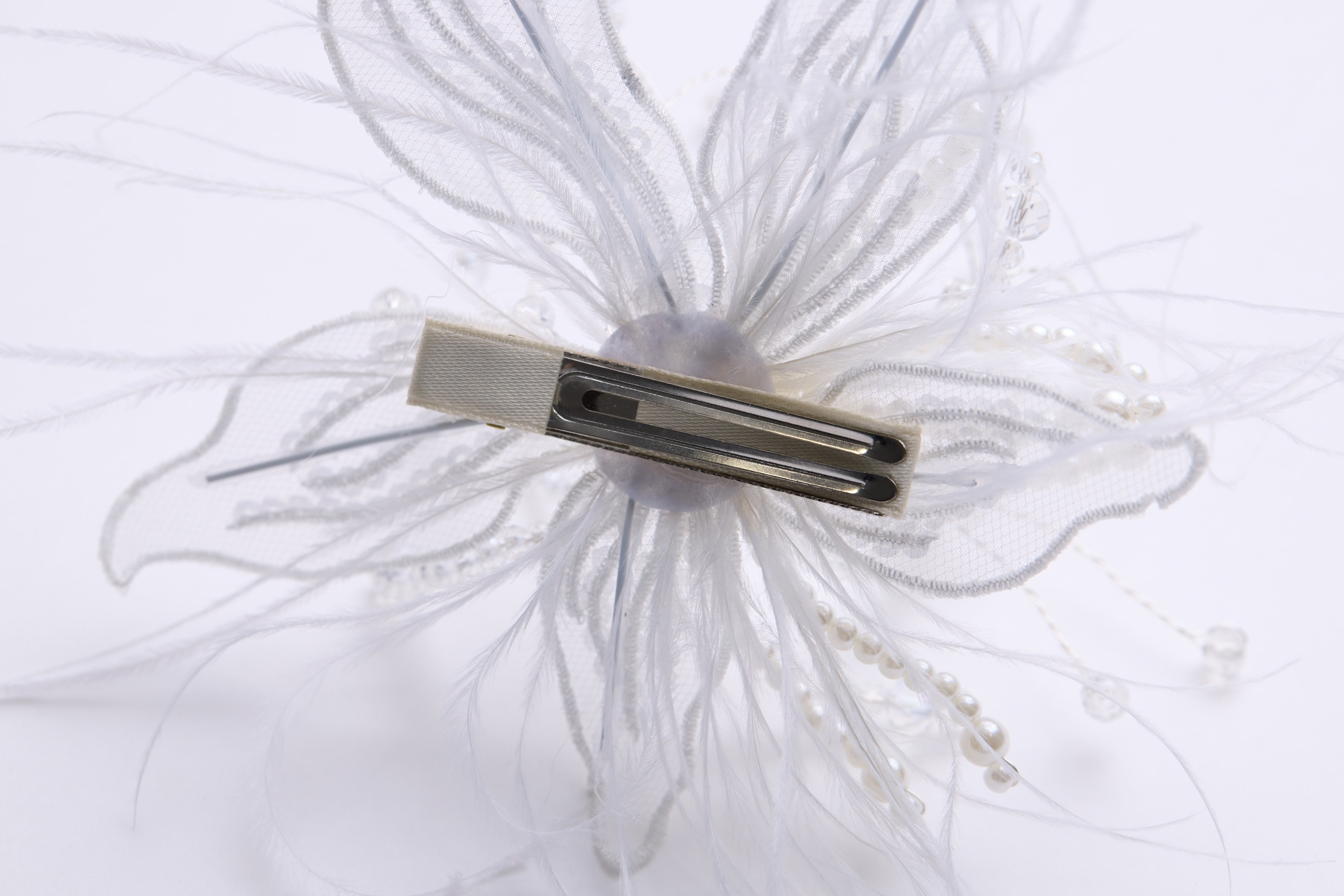 Ivory Hand-Beaded Lily Feather Hair Clip