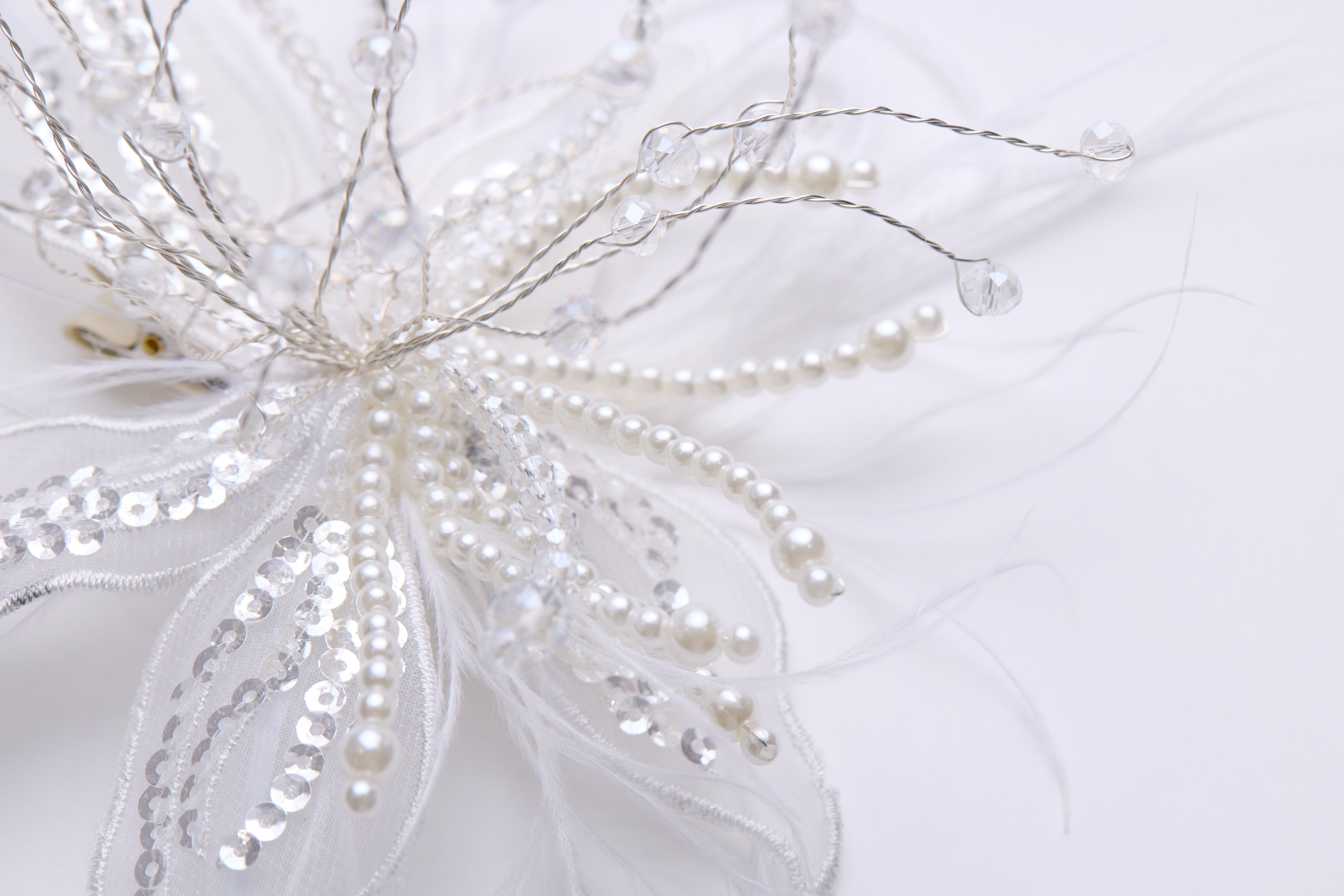 Ivory Hand-Beaded Lily Feather Hair Clip