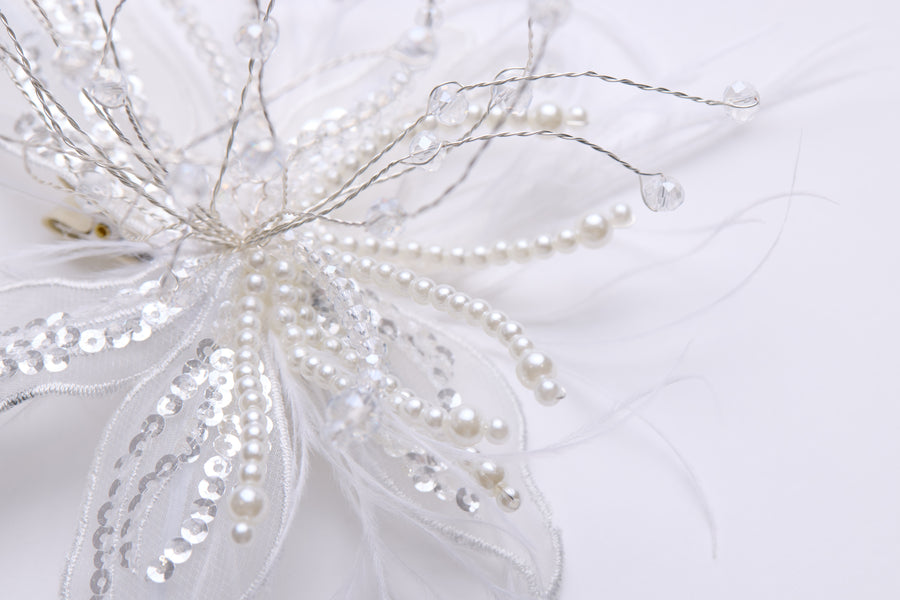 Ivory Hand-Beaded Lily Feather Hair Clip