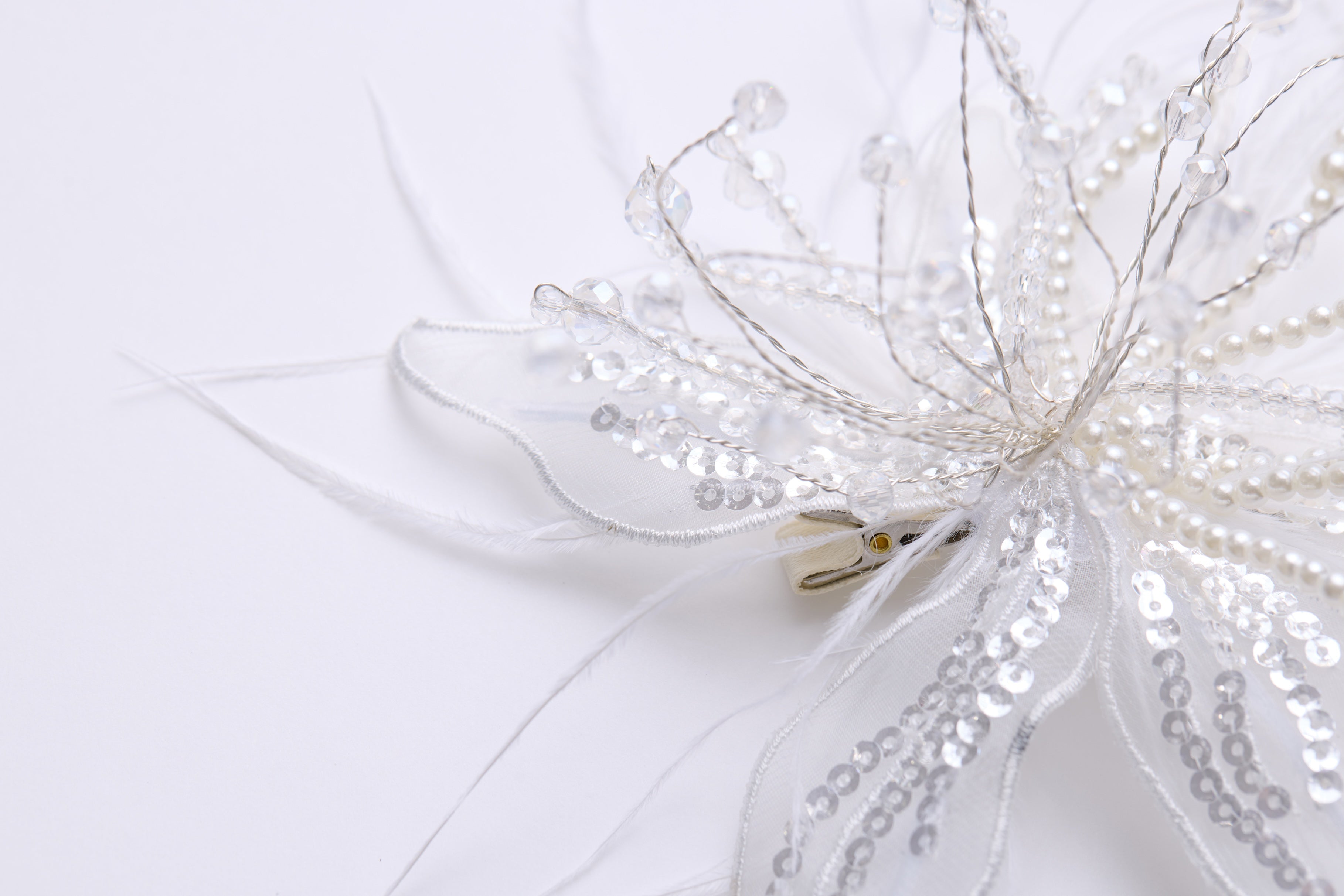 Ivory Hand-Beaded Lily Feather Hair Clip