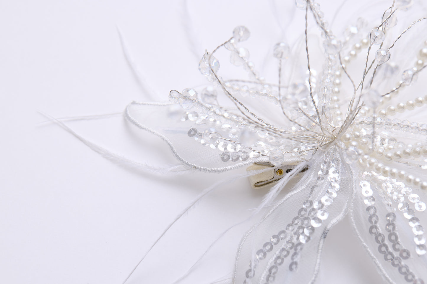 Ivory Hand-Beaded Lily Feather Hair Clip