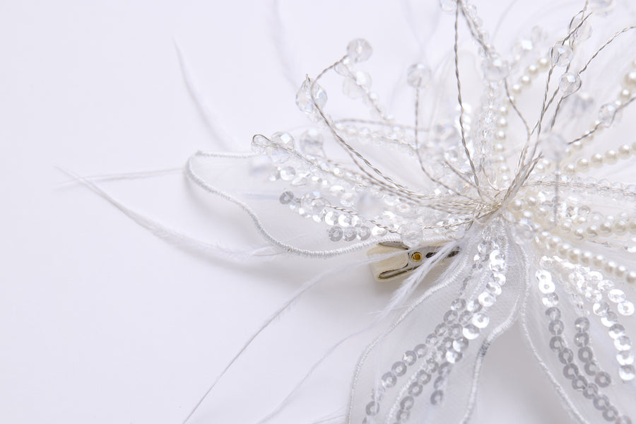 Ivory Hand-Beaded Lily Feather Hair Clip